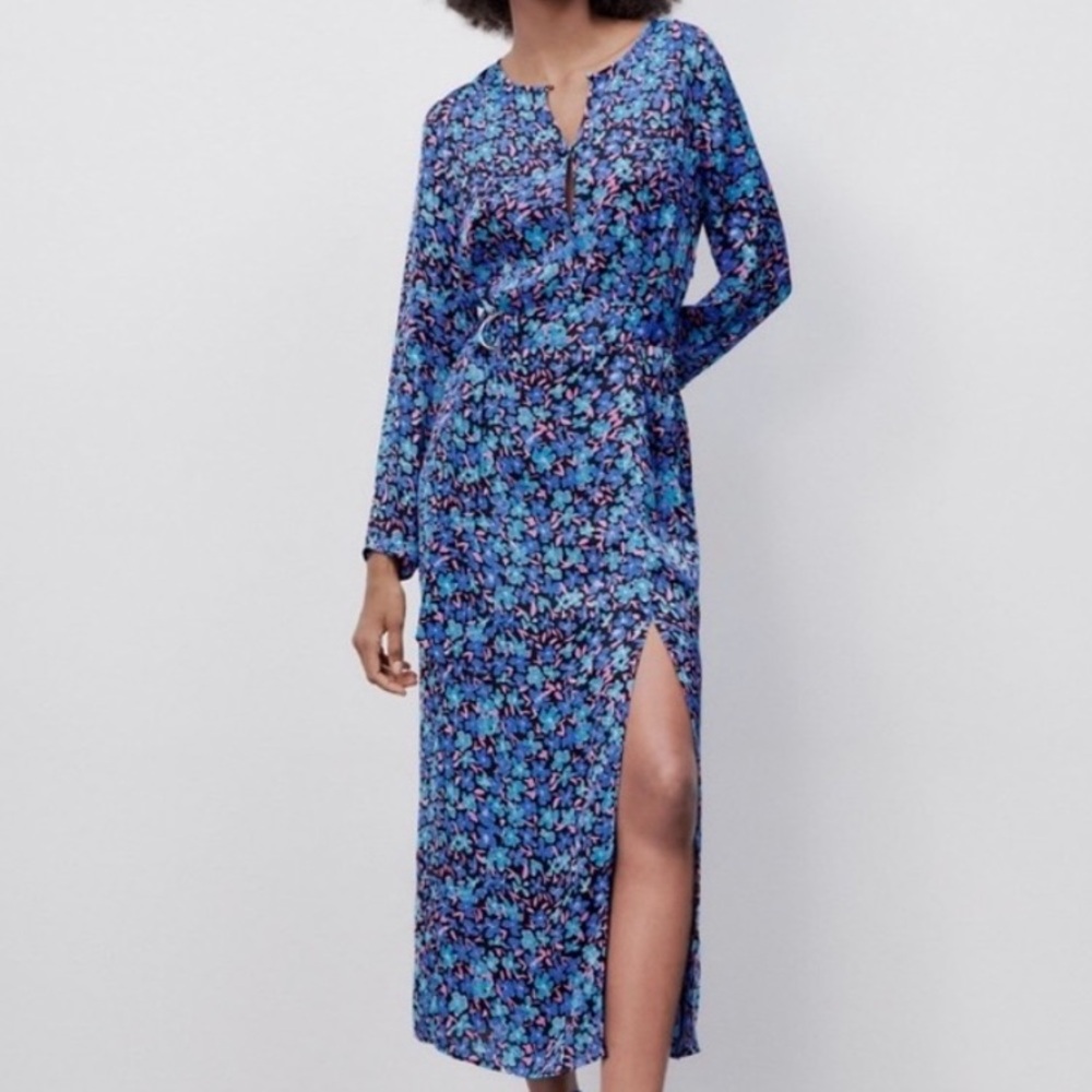 🆕🦋🌺 ZARA Floral Button-Front Long Sleeve Midi Dress Size S Black Multicolour